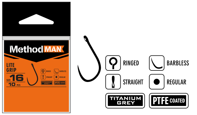 HOOK METHODMAN LITE GRIP TITANIUM GREY BARBLESS SIZE 14 PACK. 10 PCS.
