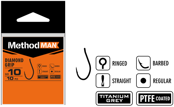 HOOK METHODMAN DIAMOND GRIP TITANIUM GREY BARBED SIZE 16 PACK. 10 PCS.
