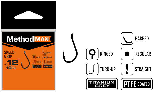 [810100412] HOOK METHODMAN SPEED GRIP TITANIUM GREY BARBED SIZE 12 PACK. 10 PCS.