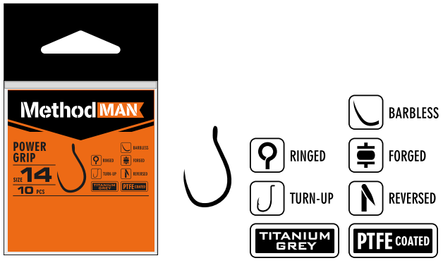 HOOK METHODMAN POWER GRIP TITANIUM GREY BARBLESS SIZE 14 PACK. 10 PCS.