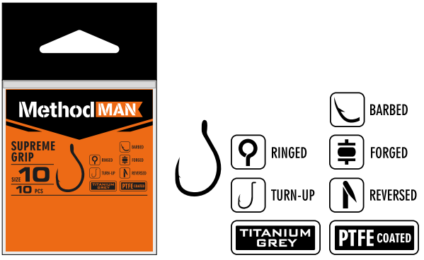 HOOK METHODMAN SUPREME GRIP TITANIUM GREY BARBED SIZE 14 PACK. 10 PCS.
