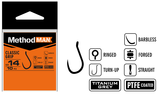 HOOK METHODMAN CLASSIC GRIP TITANIUM GREY BARBLESS SIZE 14 PACK. 10 PCS.