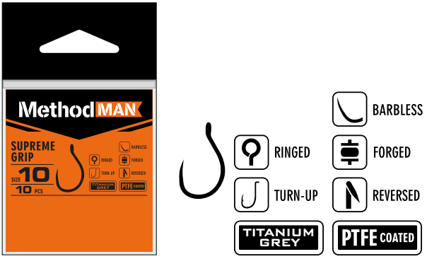 HOOK METHODMAN SUPREME GRIP TITANIUM GREY BARBLESS SIZE 16 PACK. 10 PCS.