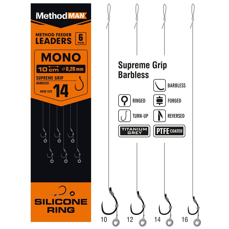METHOD FEEDER RIG WITH RUBBER 3mm METHODMAN SUPREME GRIP TITANIUM GREY BARBLESS SIZE 14 LINE 0.20mm op. 6 pcs.