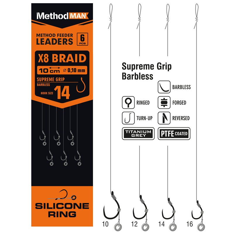 METHOD FEEDER RIG WITH PIN METHODMAN POWER GRIP TITANIUM GREY BARBED SIZE 12 BRAID 0.12mm op. 6 pcs.
