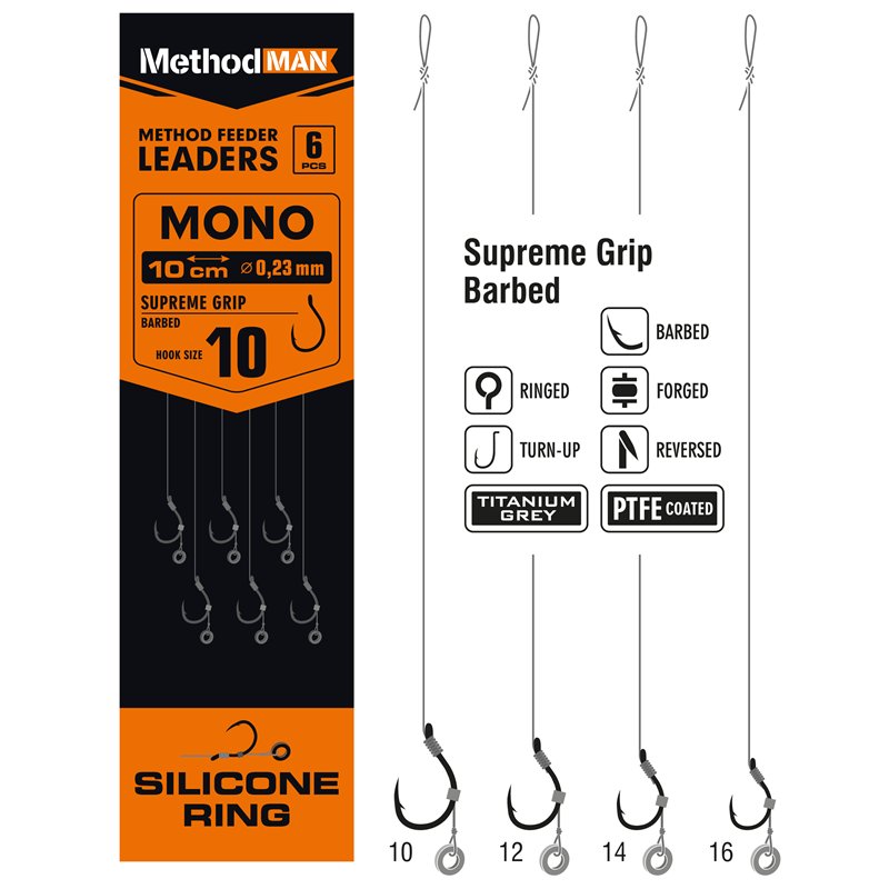 METHOD FEEDER RIG WITH RUBBER 3mm METHODMAN SUPREME GRIP TITANIUM GREY BARBED SIZE 10 LINE 0.23mm op. 6 pcs.