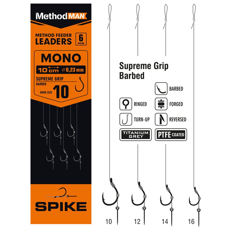 METHOD FEEDER RIG WITH PIN METHODMAN SUPREME GRIP TITANIUM GREY BARBED SIZE 10 LINE 0.23mm op. 6 pcs.