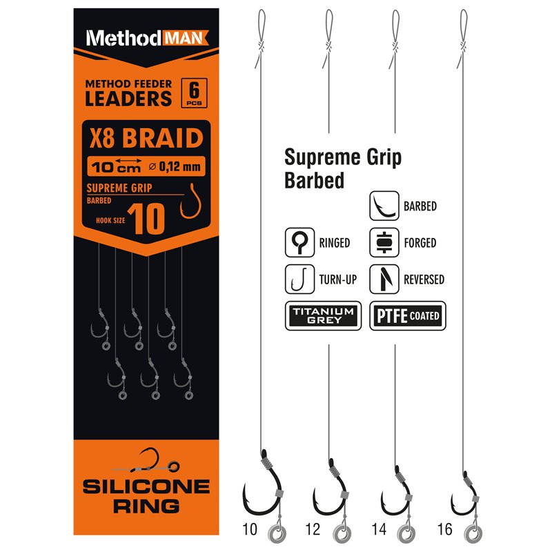 METHOD FEEDER RIG WITH RUBBER 3mm METHODMAN SUPREME GRIP TITANIUM GREY BARBED SIZE 10 BRAID 0.12mm op. 6 pcs.
