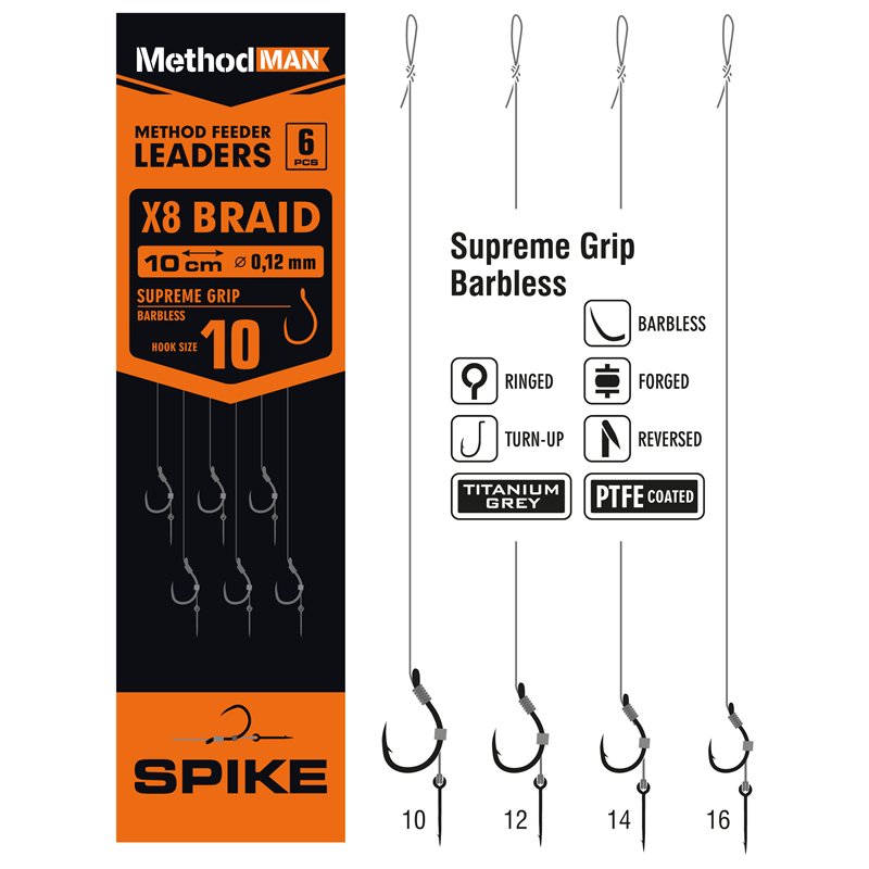 METHOD FEEDER RIG WITH PIN METHODMAN POWER GRIP TITANIUM GREY BARBLESS SIZE 14 BRAID 0.10mm op. 6 pcs.