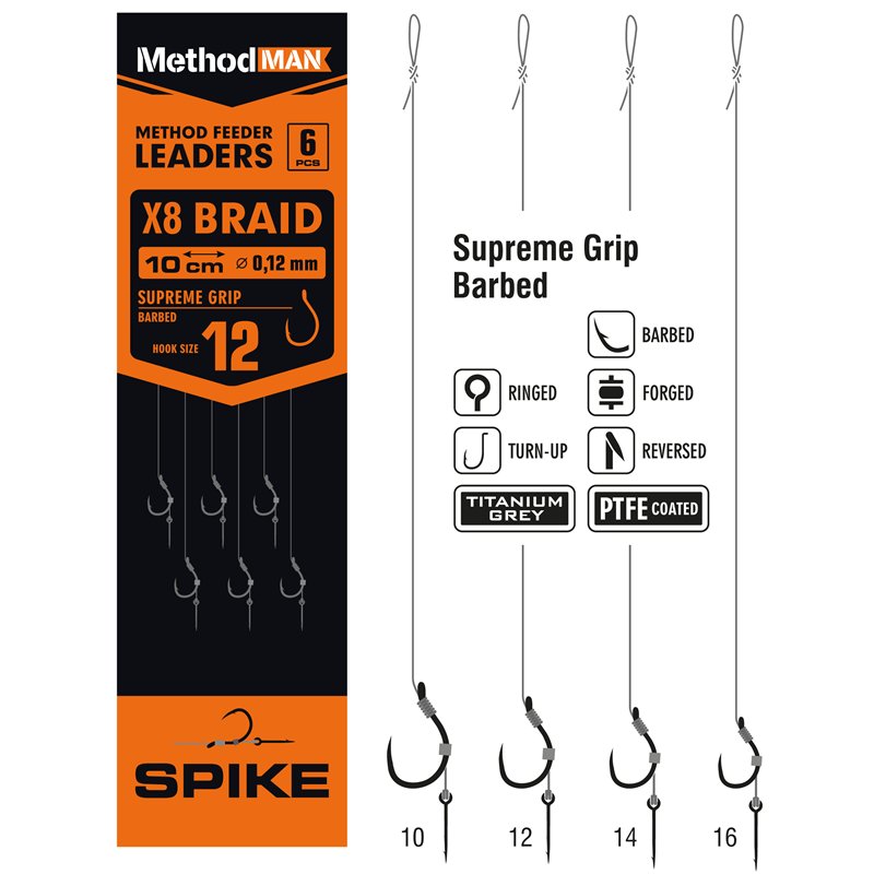 METHOD FEEDER RIG WITH PIN METHODMAN SUPREME GRIP TITANIUM GREY BARBED SIZE 10 BRAID 0.12mm op. 6 pcs.