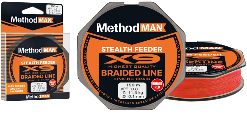 BRAIDED LINE METHODMAN STEALTH X9 FEEDER BRIGHT RED SINKING 0,14mm/12,9kg/150m