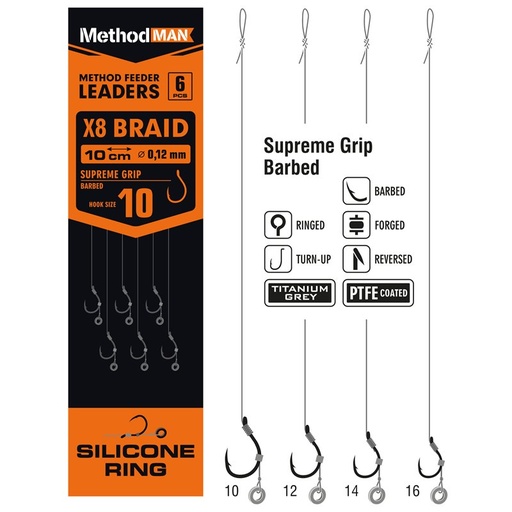 [811112016] METHOD FEEDER RIG WITH PIN METHODMAN SUPREME GRIP TITANIUM GREY BARBLESS SIZE 16 LINE 0.18mm op. 6 pcs.