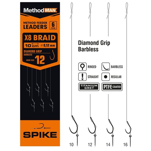 [811108012] METHOD FEEDER RIG WITH PIN METHODMAN DIAMOND GRIP TITANIUM GREY BARBED SIZE 12 BRAID 0.12mm op. 6 pcs.
