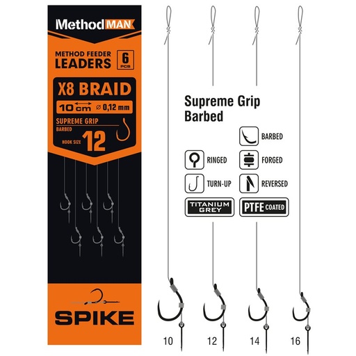 [811107012] METHOD FEEDER RIG WITH PIN METHODMAN SUPREME GRIP TITANIUM GREY BARBED SIZE 12 BRAID 0.12mm op. 6 pcs.